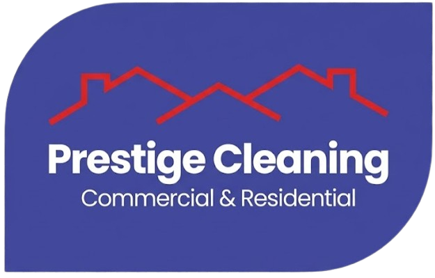 Prestige Cleaning logo with a red roof outline on a blue background, text reads Commercial & Residential