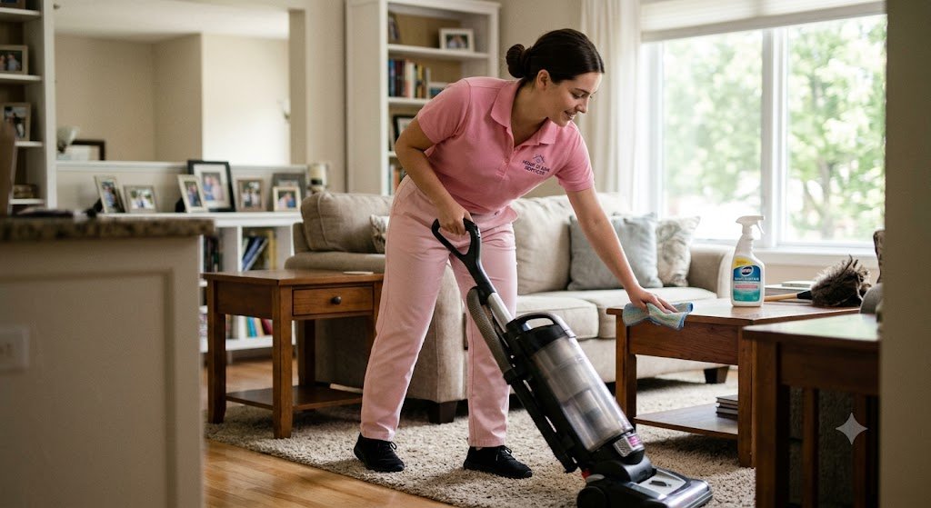 Professional home cleaner in a pink uniform vacuuming and wiping a table in a living room