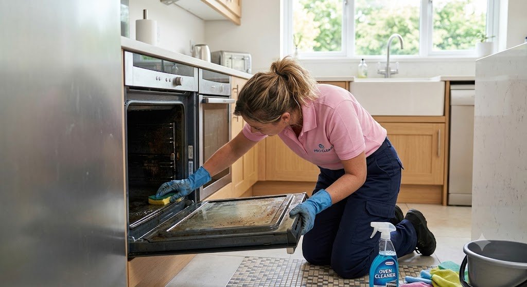 Professional cleaner in a pink uniform scrubbing the inside of an oven with a sponge