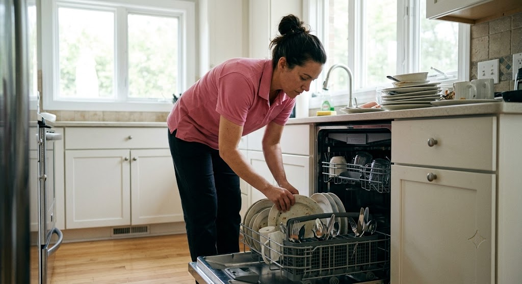 A woman in a pink shirt loading plates into a kitchen dishwasher