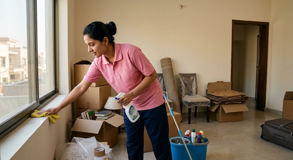 A woman in a pink polo shirt cleaning a window sill in a room filled with cardboard moving boxes