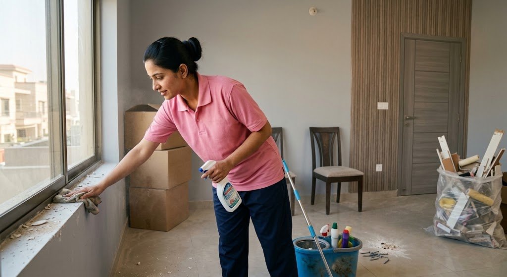 A woman in a pink polo shirt cleaning a window sill in a room with moving boxes and cleaning supplies