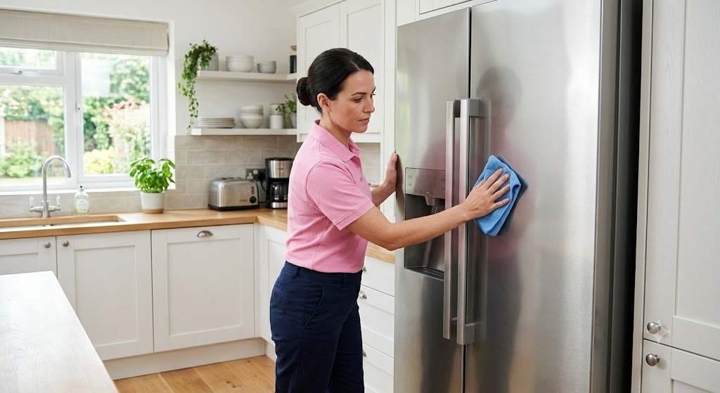 Professional cleaner in a pink polo shirt wiping down a stainless steel refrigerator with a blue cloth