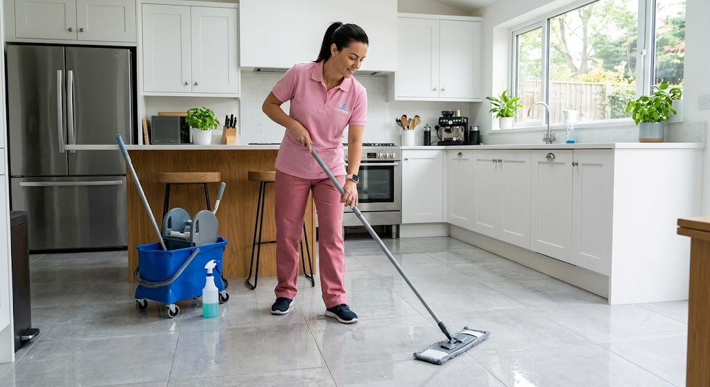 Professional cleaner in a pink uniform mopping a tiled kitchen floor next to a blue mop bucket