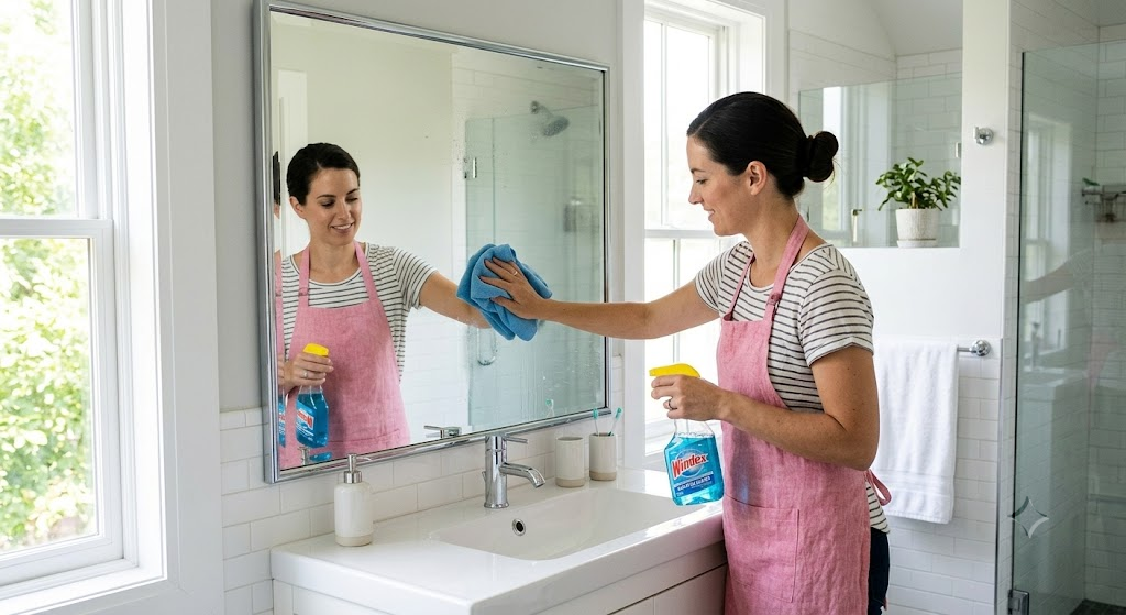 Woman in a pink apron cleaning a bathroom mirror with a blue cloth and a bottle of glass cleaner