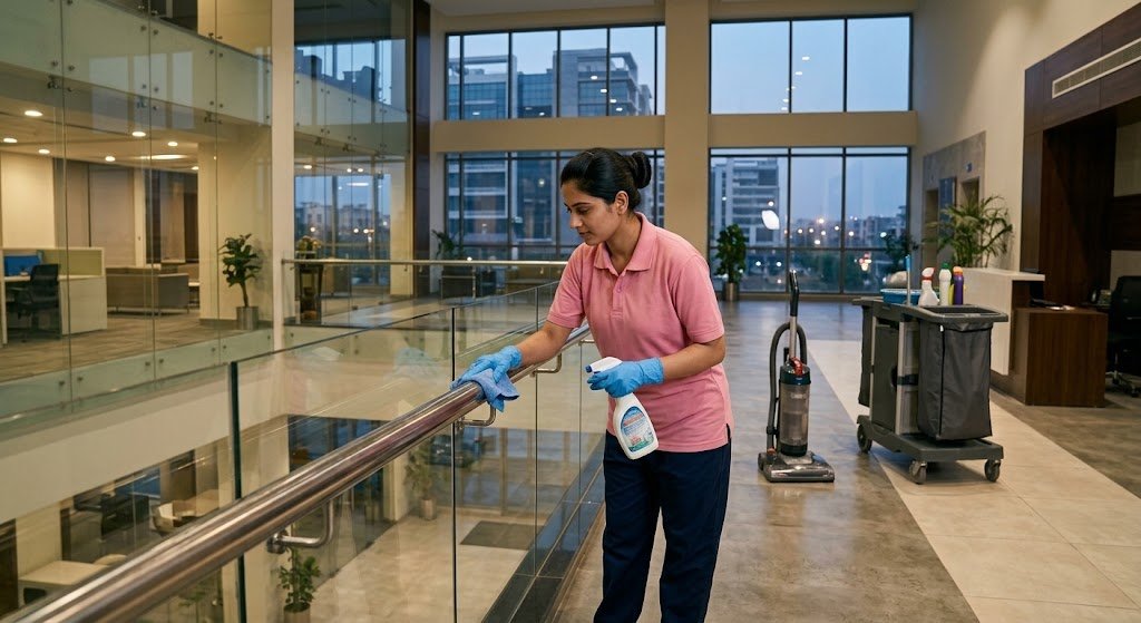 A professional cleaner in a pink shirt and blue gloves wipes a glass railing in a modern office building