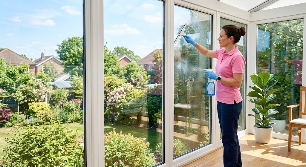Professional cleaner in a pink polo shirt using a squeegee to clean a large glass window in a sunroom