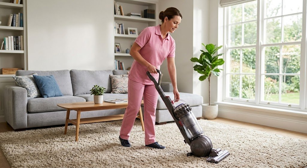 Woman in a pink uniform vacuuming a plush rug in a bright living room