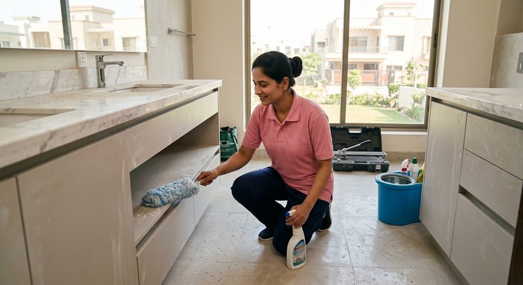 Professional cleaner in a pink polo shirt wiping a bathroom vanity with a microfiber cloth