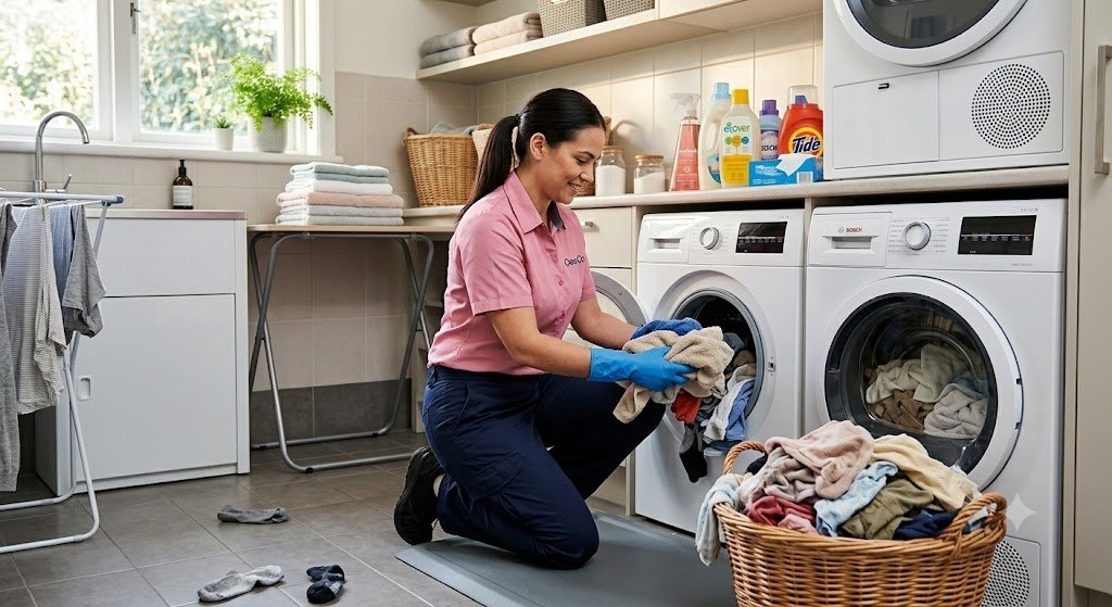 Professional cleaner in a pink uniform loading laundry into a washing machine in a home laundry room