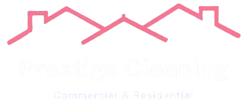Prestige Cleaning logo featuring a pink house roof outline above the company name and Commercial & Residential text