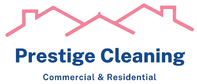 Prestige Cleaning logo with a pink house outline above the text Commercial & Residential