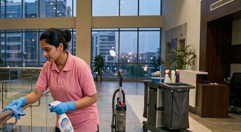 A woman in a pink polo shirt and blue gloves cleans a glass railing in a modern office lobby with a cleaning cart nearby